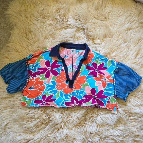 Free People On A Boat Polo Crop Top Floral Striped Size Medium - Picture 2 of 8